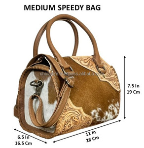 Bolsos de lona medianos de piel de vaca con pelo, estilo Speedy, de cuero repujado a mano, bolso de diseñador de boutique, bolso de mano vaquero moderno para viajes y oficina - Product Image 2