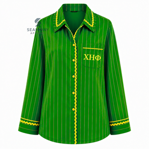 Chi Eta Phi Women's Green Pinstripe Pajama Set Button Front Long Sleeve Sleepwear Contrast Trim Lounge <b>PJs</b> With Drawstring Pants - Product Image 2