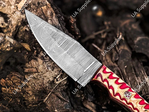 มีดเดินป่าล่าสัตว์แบบเต็มด้ามเหล็กดามัสกัส UA Supplies พร้อมด้ามไม้ปักก้า DIY ปลายมีดแบบ Bevel Drop Point - Product Image 4