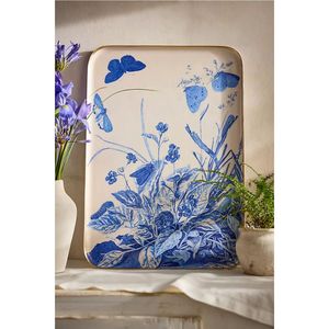 Bandeja de Servir Vintage con Diseño de Mariposa Azul Esmaltada, Borde Dorado, Rectangular, Decorativa, de Metal, para Mesa de Café, Utensilios de Cocina, Platos Decorativos - Product Image 1