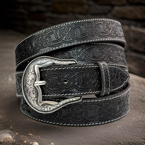 Burgundy Tooled Leather <b>Belt</b> Rose Flower Metal Buckle Western Style <b>Belt</b> for Trousers From Direct factory price with Low OEM MOQ - Product Image 4
