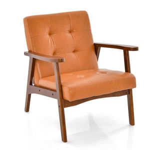 Fauteuil d'appoint moderne du milieu du siècle, structure en bois d'hévéa massif, revêtement en cuir - Product Image 1