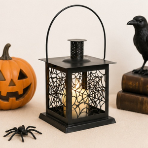 Bulk Wholesale Matte <b>Black</b> Metal Halloween <b>Lantern</b> with Spider Candle Spooky Tabletop Decor for Haunted House Events - Product Image 6