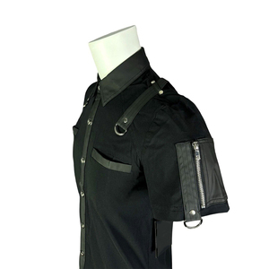 <b>Men's</b> Gothic Punk Short Sleeve Shirt Street Style Black Cotton Button Up with Metal D-Rings and Vegan Leather - Product Image 6