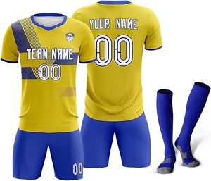 ชุดเสื้อฟุตบอลสีเหลืองน้ำเงินแบบกำหนดเองได้ แขนสั้น คอวี พิมพ์ลายด้วยความร้อน โพลีเอสเตอร์/ไนลอน กันลม กันน้ำ แห้งเร็ว - Product Image 1