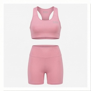 North Approach 2 Piece Yoga Set Racerback <b>Crop</b> <b>Top</b> High Waist Shorts Solid <b>Pink</b> Breathable Seamless Sportswear - Product Image 1