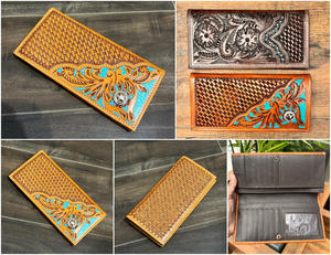 Western Pattern Hand Tooled Carving Leather Men's Long <b>Wallet</b> Hot Sale Fashion Stylish <b>Cash</b> Holder Gift for Him - Product Image 3