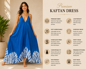 Robe longue bohème bleue pour femme, col plongeant en V, dos nu, pour soirée, 100 % coton, coupe trapèze, vente en gros, fournisseur direct d'usine - Product Image 5