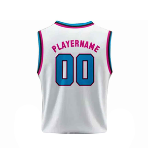 Ensemble de maillots de basket personnalisés, col en V, sans manches, sublimés, blanc, rose, bleu, bordure respirante, évacuation de l'humidité, 100% polyester, adulte - Product Image 4