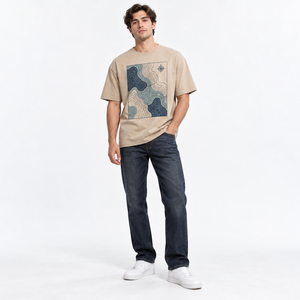 Camiseta de Manga Corta con Cuello Redondo para Hombre, Color Beige, Logotipo Frontal, Ecológica, Corte Regular, 100% Algodón Jersey, Informal, Transpirable, Tejido de Punto - Product Image 1