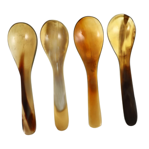 Juego de cuchara y tenedor de cuerno de buey hechos a mano con mangos de hueso auténtico, pulidos, estilo rústico medieval de la India a bajo costo. - Product Image 1