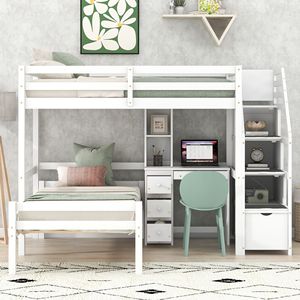 Letto a soppalco singolo bianco con letto indipendente, scala contenitore, scrivania, scaffali e cassetti - Product Image 2