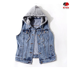 เสื้อกั๊กยีนส์มีฮู้ดแบบไม่มีแขน รุ่นใหม่ ดีไซน์รักษ์โลก แฟชั่นสำหรับทุกเพศ ยี่ห้อ Ryan Pro Gear พร้อมโลโก้แบบกำหนดเองได้ - Product Image 1