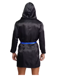 HAWK SPORTS INDUSTRIES Robe de boxe à capuche en satin noir avec ceinture bleue, durable, confortable, en polyester, pour entraînement MMA et Muay Thai - Product Image 4