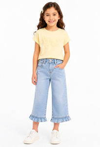 Pantalones Vaqueros Culotte de Pierna Ancha para Niñas, Lavado Claro, con Dobladillo con Volantes, Prenda Inferior Informal y Elegante, Tejido de Mezcla de Algodón Premium, Cómodo - Product Image 1