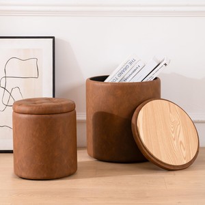Pouf de rangement en bois de manguier et similicuir, vente en gros Moradabad - Product Image 1