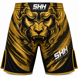 SHH Industries Custom MMA Fight <b>Shorts</b> for Adults Men Black Gold Lion Graphic Grappling BJJ <b>Kickboxing</b> Training Breathable - Product Image 3