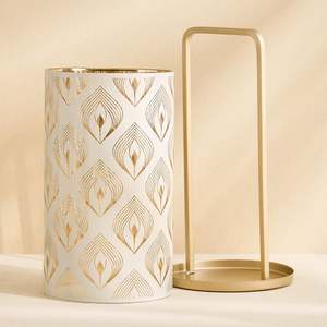 Golden Leaf Pattern Cylinder <b>Candle</b> <b>Holder</b> 20cm <b>Tall</b> Durable Home Decoration - Product Image 2