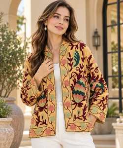 Women’s Purple Floral Embroidered Cotton <b>Jacket</b>, Stand Collar Ethnic <b>Short</b> <b>Jacket</b>, Boho Casual Wholesale Outerwear - Product Image 4
