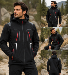 Veste softshell coupe-vent noire à capuche pour homme avec fermetures éclair rouges, vêtements d'hiver sportifs pour l'extérieur - Product Image 3