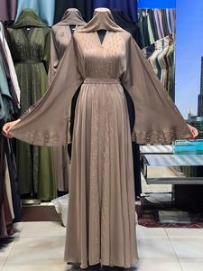 2026 New V Neck Long Sleeve Floor Length Modest Polyester Handmade <b>Flared</b> Hem Abaya Beaded Detail Women's Traditional Muslim - Product Image 1