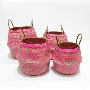 New Design Durable Circle Palm Leaf Belly <b>Basket</b> Pink Woven Eco-Friendly Storage Bin <b>Foldable</b> Plant Pot with Handle - Product Image 3