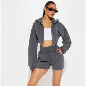 Women's Gray Fleece Hooded Crop Top Shorts <b>Set</b> Casual Two Piece Outfit Loose Fit Spring Summer Solid Color Knitted Sweatwear - Product Image 6
