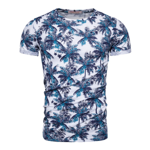 Camiseta Personalizada de Manga Corta para Hombre, Corte Ajustado, Estampado de Hojas Tropicales, Cuello Redondo, Transpirable, Tejida, Informal, para Verano - Product Image 3