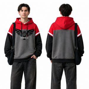 Mens Custom Streetwear Hoodie Red Black Grey Color Block Pullover Hooded Sweatshirt Casual Sportswear Logo Print Hoodie - Product Image 1