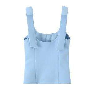 Tops de punto vintage para mujer, nuevos, sin espalda, con lazo, estilo casual, con logo frontal, 100% poliéster, ideales para primavera. - Product Image 4