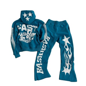 Survêtement brodé personnalisé avec fermeture à glissière en coton éponge français à capuche pantalon de survêtement évasé survêtements pour hommes - Product Image 2