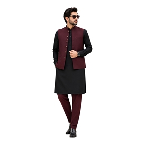 <b>Men's</b> Black Kurta With Maroon <b>Waistcoat</b> <b>And</b> Matching <b>Trousers</b> Traditional Indian Pakistani Casual Wear Regular Fit Cotton Outfit - Product Image 1
