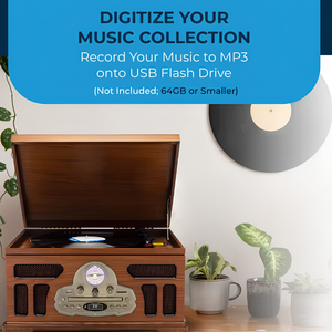 All-in-One Vintage Record Player Turntable with Bluetooth, CD Player, Cassette Tape, AM/FM Radio, <b>USB</b> Playback, Built-in Stereo - Product Image 5
