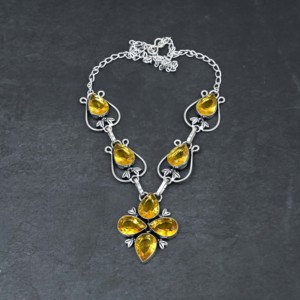 Handmade Yellow Citrine <b>Solid</b> 925 Sterling <b>Silver</b> <b>Necklace</b>, Natural Garnet Quartz Gemstone Jewelry Children Gift High Quality - Product Image 2