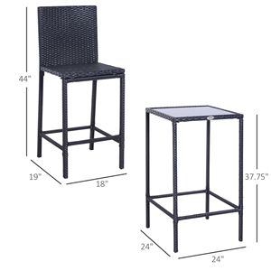 Set da Bar in Vimini Nero a 3 Pezzi per Tutte le Stagioni, Altezza Bancone con Tavolo in Vetro e Sgabelli per Uso Esterno, Seminterrato o Club - Product Image 3