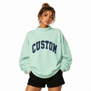 Sweat-shirt vert oversize à col roulé pour femme, manches longues, tricoté, imprimé lettres à sequins, décontracté, respirant, en coton, col montant, pour l'automne - Product Image 4