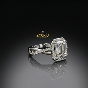 925 Sterling <b>Silver</b> <b>Emerald</b> Cut Halo Engagement <b>Ring</b> with Twisted Pave Band - Product Image 1