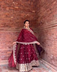 Heavy Embroidered Woven Velvet Banarasi Style Short <b>Top</b> Two Piece Lehenga Choli Set Dupatta Quick Dry for Wedding Party Women - Product Image 1