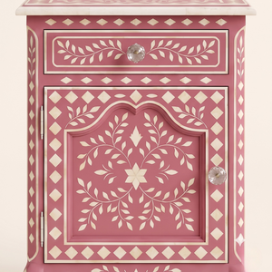 Handmade Modern Floral Bone Inlay Pink Bedside <b>Table</b> 1 <b>Drawers</b> Luxury Wood <b>Side</b> <b>Table</b> Bedroom Living Room Bone Inlay Design - Product Image 5