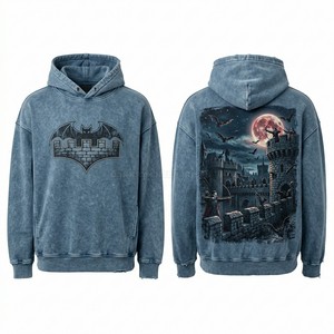 Custom Heavyweight Blue Acid Wash Hoodie Vintage Distressed Pullover Nightwatch Harbor Lighthouse Graphic Men Streetwear Hoodie - Product Image 5