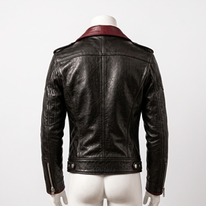 Blouson Biker Homme Noir Bordeaux Effet Cuir Col Large Contrastant Fermeture Éclair Coupe Slim Personnalisable OEM ODM Vente en Gros - Product Image 4