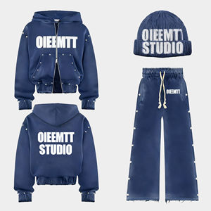 Conjunto de Sudadera con Capucha y Pantalones Deportivos Unisex, Estilo Boxy, con Estampado Personalizado, Lavado Ácido, Cierre de Cremallera, para Ropa Urbana - Product Image 3