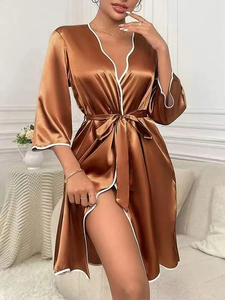 Camisón de Satén Estilo Europeo para Mujer, Ropa de Dormir Primavera/Verano, Bata Fina de Seda, Pijama de Seda, Color Sólido, Camisón Sexy - Product Image 5