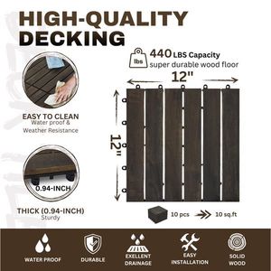 10pcs <b>Interlocking</b> Deck <b>Tiles</b> Striped Pattern 12\" X 12\" Dark Brown Square Acacia Hardwood Outdoor Flooring for Patio & Balcony - Product Image 3