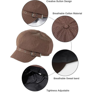 Casquette de newsboy rayée marron avec anneau métallique réglable unisexe pour le printemps et l'automne, usage décontracté, polyester/coton, 56-58 cm - Product Image 3