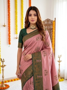 Sari de Seda Rosa y Verde AARA Fashion con Estampado Tradicional, Protección Solar para Mujer, Ropa de Boda, Corte Regular, Largo hasta el Suelo, India - Product Image 4