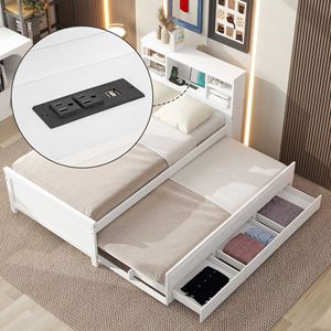 Letto a piattaforma singolo bianco con testiera contenitore, ricarica USB, letto estraibile e 3 cassetti - Product Image 1
