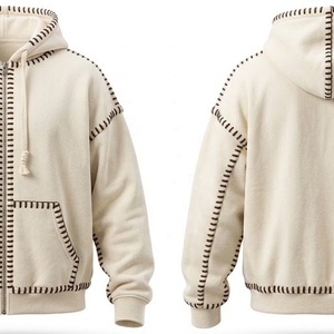 Sweat à capuche d'hiver blanc épais avec surpiqûres marron foncé, 100 % polyester, impression numérique et broderie - Product Image 3