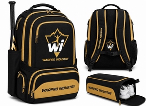 Sac à dos de sport WARPRO INDUSTRY noir et or 50-70L en nylon 600D avec logo et plusieurs poches - Product Image 5