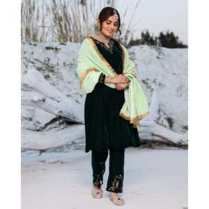 Conjunto de traje de terciopelo verde para mujer Laira, diseño de diseñador, ropa de fiesta, Kurta étnica, Palazzo, Dupatta, atuendo festivo de invierno para boda - Product Image 4